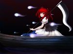  bad_id bad_pixiv_id boat brown_eyes ghost grin hachifuku hair_bobbles hair_ornament onozuka_komachi red_hair scythe smile solo touhou two_side_up water watercraft 