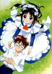  andou_mahoro blue_hair brown_hair glasses green_eyes highres mahoromatic maid misato_suguru 