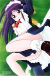  andou_mahoro arms_up artist_request black_dress bobby_socks bow bowtie dress frills long_hair looking_at_viewer mahoromatic maid maid_headdress purple_hair red_bow red_neckwear socks solo very_long_hair 