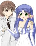  aoba_kozue blue_hair brown_eyes brown_hair dress green_eyes mahoraba shiratori_ryushi wedding_dress 