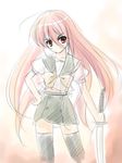  bow long_hair masakichi_(crossroad) miniskirt non-web_source red_eyes red_hair school_uniform shakugan_no_shana shana sketch skirt smile solo sword thighhighs weapon zettai_ryouiki 