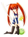  bread food happiness! long_hair melon_bread non-web_source one-piece_swimsuit piku red_eyes red_hair school_swimsuit shakugan_no_shana shana solo swimsuit sword tama_(happiness) thighhighs twintails weapon 