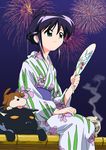  andou_mahoro blue_hair fireworks green_eyes highres japanese_clothes kimono mahoromatic slash 