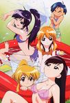  andou_mahoro andou_minawa bikini blonde_hair blue_hair breasts brown_eyes closed_eyes green_eyes highres long_hair mahoromatic matsubayashi_tadahito multiple_girls one_eye_closed ooe_chizuko orange_hair ponytail sakura_miyuki short_hair small_breasts swimsuit todoriki_rin 