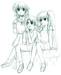  3girls mahoraba minazuki_mahiru monochrome multiple_girls school_uniform seifuku serafuku simple_background sketch utsugi_sakura 
