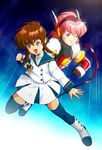  angelic_layer blue_eyes brown_hair hikaru hikaru_(angelic_layer) pink_hair red_eyes school_uniform seifuku serafuku suzuhara_misaki thighhighs 