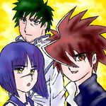  blue_hair brown_hair busou_renkin captain_bravo crossover lowres macross muto_kazuki mutou_kazuki scar tsumura_tokiko yellow_eyes 