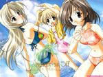  bikini blonde_hair blush bracelet brown_hair character_name copyright_name covered_navel day dutch_angle futami_shion ibuki_minamo imasaka_yue jewelry long_hair memories_off multiple_girls navel open_mouth sasaki_mutsumi swimsuit watermark web_address 