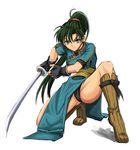  black_gloves black_panties blue_eyes boots duplicate fighting_stance fingerless_gloves fire_emblem fire_emblem:_rekka_no_ken gloves green_hair high_ponytail long_hair lyndis_(fire_emblem) panties pantyshot pelvic_curtain ponytail shunzou solo sword underwear weapon 