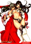  2girls ;o absurdres black_hair cosplay costume_switch echidna eiwa elf green_hair highres japanese_clothes lick licking miko multiple_girls one_eye_closed pointy_ears queen&#039;s_blade queen's_blade shrine_maiden snake tomoe tongue wince wink 