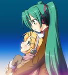  fumotono_mikoto green_hair hatsune_miku headphones hug kagamine_rin long_hair multiple_girls twintails vocaloid winter_clothes 