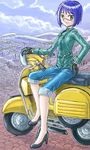  blue_hair busou_renkin motor_vehicle motorcycle scar tsumura_tokiko vehicle yellow_eyes 