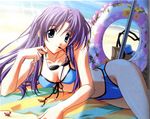  beach bikini blue_eyes crab crustacean day highres innertube kirishima_koyomi long_hair lying memories_off non-web_source on_side outdoors purple_hair solo swimsuit 