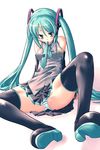  aqua_hair hatsune_miku long_hair mikage_baku mouth_hold panties solo spread_legs striped striped_panties thighhighs twintails underwear very_long_hair vocaloid 