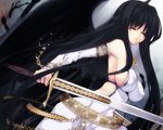  black_hair breasts closed_eyes coffee_cat covered_nipples detached_sleeves gloves half_updo huge_breasts long_hair mabinogi morrighan sideboob solo sword weapon wings 