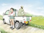  1girl brown_hair can copyright_request drink drinking field gloves ground_vehicle hat imo_cyber jumpsuit motor_vehicle school_uniform short_hair standing truck 