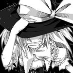  braid fang gengorou greyscale hand_on_headwear hat kirisame_marisa lowres monochrome solo touhou witch_hat 