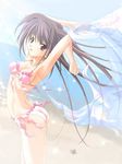  armpits arms_up artist_request beach bikini brown_hair frilled_bikini frills hina_asuka long_hair memories_off memories_off#5 outdoors purple_eyes side-tie_bikini solo swimsuit towel 