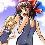  blonde_hair gengorou hakurei_reimu kirisame_marisa lowres multiple_girls name_tag one-piece_swimsuit school_swimsuit swimsuit touhou 