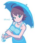  ahoge aqua_eyes awakened_miki blue brown_hair character_name eyebrows_visible_through_hair green_eyes holding holding_umbrella hoshii_miki idolmaster idolmaster_(classic) idolmaster_1 jewelry lunch_(lunch3) midriff necklace oekaki outline short_hair simple_background smile solo umbrella white_background 