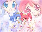  :d artist_request blue_eyes blue_hair border dress drill_hair eighth_note fine fushigiboshi_no_futago_hime holding multiple_girls musical_note open_mouth red_eyes red_hair rein smile twin_drills twintails wallpaper 