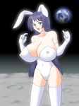  animal_ears bare_shoulders blue_eyes blue_hair breasts bunny_ears bunny_girl bunnysuit cleavage earth elbow_gloves erect_nipples gloves huge_breasts legwear long_hair moon nipples open_mouth oukazero skin_tight standing stockings thighhighs 