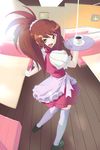  :d brown_hair cup from_above from_behind green_eyes holding holding_tray houmitsu looking_at_viewer looking_back my-hime open_mouth ponytail scrunchie smile solo sugiura_midori teacup thighhighs tray waitress white_legwear white_scrunchie zettai_ryouiki 