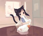  :3 amami_mikihiro animal_ears bib black_eyes black_hair blush cat_ears cat_tail child eating food fruit indoors mochi mochi_trail orange original sheep solo table tail tail_wagging wagashi window 