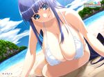  beach bikini blue_eyes blue_hair breasts covered_nipples day fuutou_shizune game_cg hanging_breasts highres huge_breasts ino long_hair oshioki_sweetie outdoors sand smile solo swimsuit water 