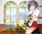  akamatsu_ken bangs book book_stack english holding holding_book mahora_academy_middle_school_uniform mahou_sensei_negima! miyazaki_nodoka plaid plaid_skirt purple_eyes purple_hair school_uniform short_hair skirt solo wallpaper window 