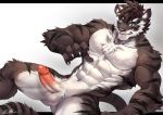  abs anthro balls blush erection felid fur hair humanoid_penis male mammal muscular muscular_male nude pantherine pecs penis rabbity simple_background solo sweat tiger vein veiny_penis 