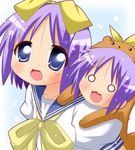  :3 animal_costume bear_costume bear_tsukasa blue_eyes blush capybara-san carrying chibi hair_ribbon hiiragi_tsukasa lucky_star minami_(colorful_palette) multiple_girls o_o open_mouth piggyback purple_hair ribbon ryouou_school_uniform school_uniform serafuku short_hair snowing yellow_neckwear 