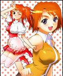  :d ;) arm_up armpits artist_request bare_arms bare_shoulders breasts green_eyes jumping large_breasts long_hair multiple_girls my-hime one_eye_closed open_mouth orange_hair orange_shirt pink_legwear polka_dot polka_dot_background ponytail puffy_sleeves purple_eyes red_hair school_uniform shirt short_hair sleeveless smile source_request sugiura_midori thighhighs tokiha_mai v waitress white_legwear zettai_ryouiki 