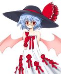  alternate_costume arm_behind_back ascot bare_shoulders bat_wings blue_hair bow cup dress drink drinking_glass flower glass glasses gloves hat hat_ribbon marugoshi_(54burger) red_eyes red_flower red_gloves red_rose remilia_scarlet ribbon rose short_hair slit_pupils solo sun_hat sundress sunglasses touhou wine_glass wings 