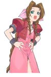  :d aerith_gainsborough bow braid brown_hair dress fangs final_fantasy final_fantasy_vii green_eyes hands_on_hips highres long_dress long_hair looking_at_viewer open_mouth pink_bow pink_dress shichimenchou simple_background smile solo twin_braids very_long_hair white_background 