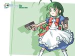  :&lt; ahoge artist_request back_bow blush_stickers bow braid character_name dual_wielding green_eyes green_hair gun handgun holding holding_gun holding_weapon huge_ahoge maid me-tan os-tan pistol solo sweatdrop twin_braids twintails weapon 