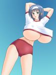  arms_behind_head arms_up bb bloomers blue_hair breasts buruma erect_nipples gradient gradient_background green_eyes gym_outfit gym_uniform hands_behind_head headband huge_breasts large_breasts nipples oukazero solo standing underboob 