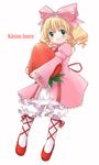  :d blonde_hair blush bow drill_hair food fruit german green_eyes hair_bow hina_ichigo holding holding_food holding_fruit long_sleeves looking_at_viewer mizumoto_tadashi object_namesake open_mouth oversized_food oversized_object pink_bow rozen_maiden simple_background smile solo strawberry white_background 