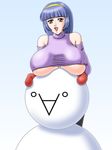  bare_shoulders blue_hair breasts detached_sleeves gradient gradient_background headband huge_breasts mittens open_mouth oukazero red_eyes snow snowman solo standing sweater underboob 