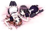  apron bed_sheet black_hair black_legwear blue_eyes brown_hair garter_belt long_hair lying maid maid_headdress maria-sama_ga_miteru multiple_girls nijou_noriko no_shoes on_back short_hair thighhighs toudou_shimako yui_(spica) yuri zettai_ryouiki 