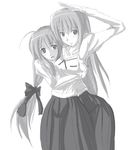  :d ahoge artist_request blush bow futakoi greyscale hair_bow hug hug_from_behind long_hair long_sleeves low-tied_long_hair monochrome multiple_girls open_mouth pleated_skirt ponytail salute school_uniform shirogane_sara shirogane_souju siblings simple_background sisters skirt smile twins white_background 