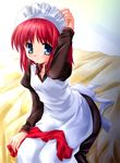  aoi_kumiko bangs bed bed_sheet blue_eyes eyebrows_visible_through_hair hand_on_headwear hisui long_sleeves looking_at_viewer maid maid_headdress red_hair short_hair sitting solo tsukihime 