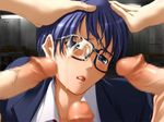  1girl 3boys androgynous bangs bespectacled black-framed_glasses blazer blue_eyes blue_hair blush bukkake censored close-up clothed_sex cum cum_on_glasses discode discode_surface facial game_cg gangbang glasses group_sex hand_on_head handjob head_tilt hetero izumi_kyouka linda looking_at_viewer mosaic_censoring multiple_boys necktie open_mouth penis rape saberfish school_uniform sex shiny shiny_hair shirt short_hair solo_focus suit veins veiny_penis wing_collar 