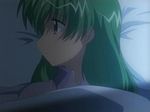  bed_sheet blue_eyes green_hair jpeg_artifacts kurosaki_asami long_hair mahoraba pillow screencap solo under_covers 