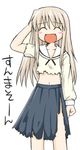  :d ^_^ artist_request closed_eyes futakoi long_hair long_sleeves lowres navel open_mouth pleated_skirt school_uniform shirogane_sara silver_hair simple_background skirt smile solo torn_clothes translated white_background 