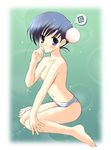  barefoot blue_eyes blue_hair blue_panties breasts eretto hair_bun hand_to_own_mouth himeyuri_sango medium_breasts navel nipples panties sitting smile solo striped striped_panties to_heart_2 topless underwear underwear_only wariza 
