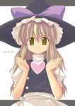  blonde_hair bow buttons disconnected_mouth hair_ribbon hat hat_bow heart kirisame_marisa letterboxed light_smile long_hair monji ribbon smile solo touhou translated witch_hat yellow_eyes 