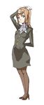  all_nippon_airways ascot blue_eyes brown_hair full_body high_heels legs_together long_sleeves pantyhose pencil_skirt ponytail shoes simple_background skirt smile solo standing star_(starpage) stewardess uniform white_background 