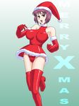  bare_shoulders blush boots breasts christmas elbow_gloves gloves gradient gradient_background hat large_breasts latex latex_dress latex_gloves open_mouth oukazero panties purple_eyes purple_hair red_boots santa_hat short_hair skirt smile solo underwear 