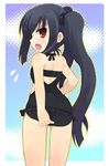  adjusting_clothes adjusting_swimsuit black_hair casual_one-piece_swimsuit fang frilled_swimsuit frills from_behind halterneck kooh long_hair looking_back one-piece_swimsuit open_mouth otoutogimi pangya profile red_eyes solo sweatdrop swimsuit twintails 